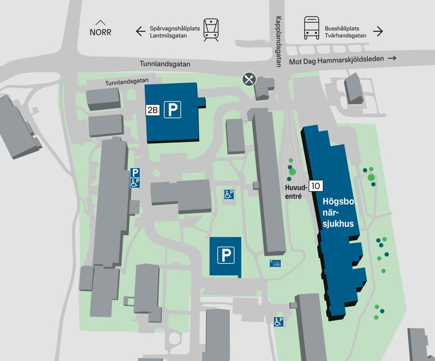 Karta över sjukhusområdet runt Högsbo närsjukhus.