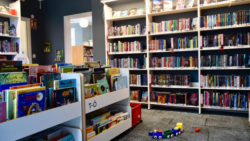 Barnavdelningen på biblioteket. På golvet finns en heltäckningsmatta, väggarna är målade i en dov gråblå färg. Bokhyllor utmed väggarna och boklådor i mitten av rummet och på golvet står ett färgglatt leksakståg i plast.