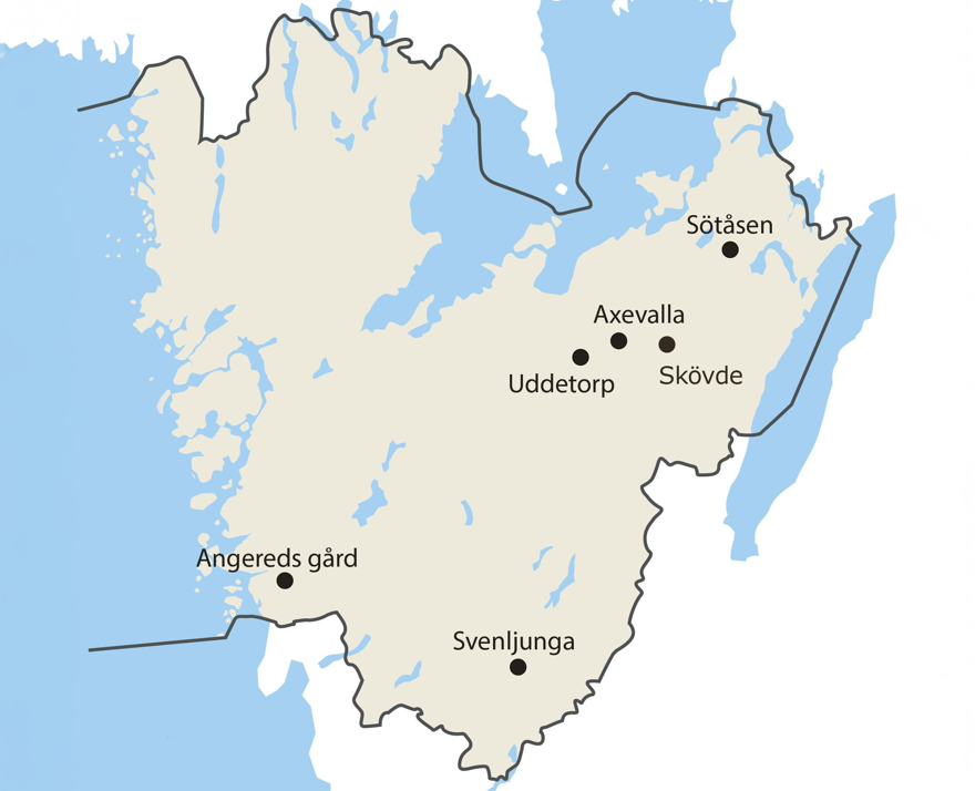 Karta över Västra götalandsregionen med våra anläggningar Sötsåen, Uddetorp, Axevalla, Svenljunga, Angereds gård, samt Skövde uppmärkta