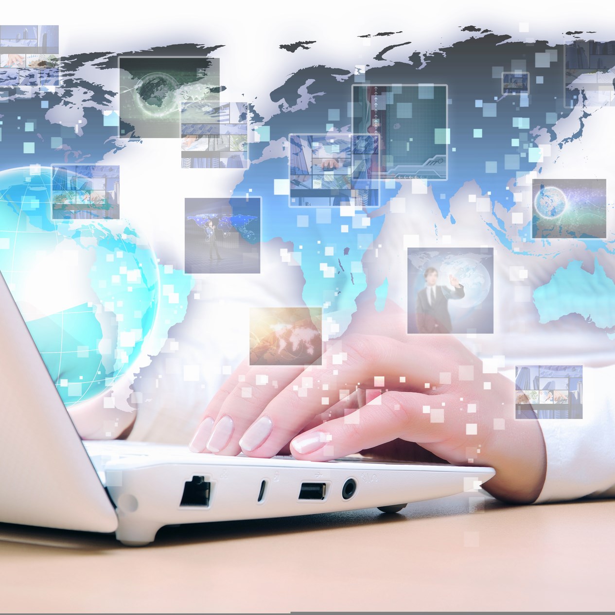 Collage with white laptop computers and symbols of communication