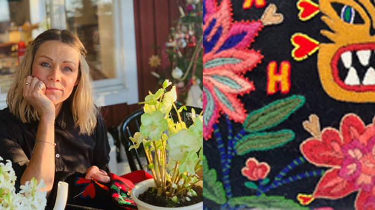 Anna Wengdin broderar på ylle, detalj ur yllebroderi av Anna Wengdin