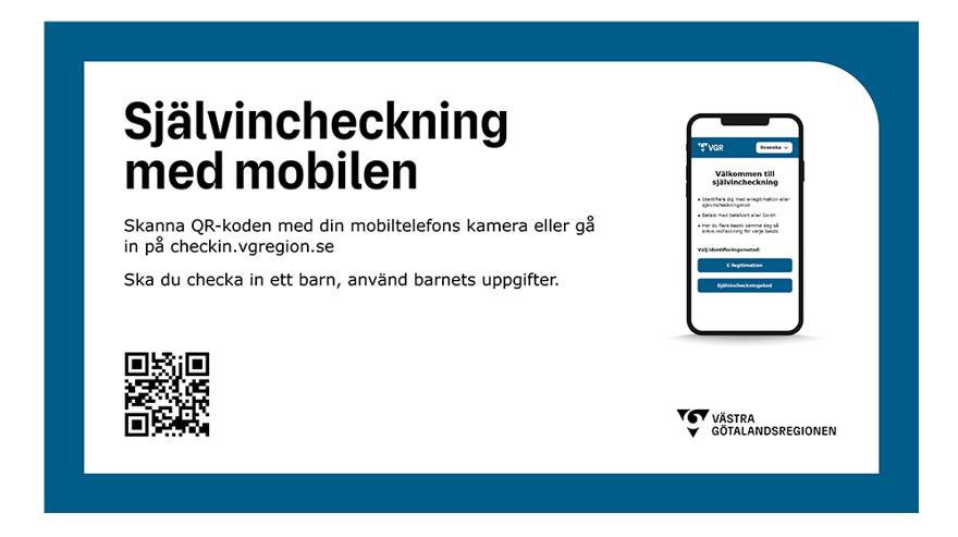Närbild av digital skylt för skärm om självincheckning med mobil.