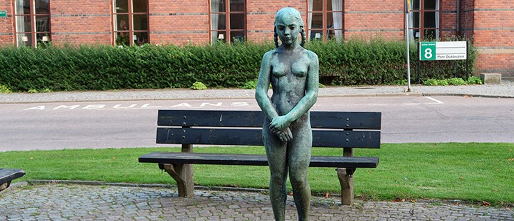 I fonden syns en ålderdomlig tegelbyggnad med stora fönster. Framför denna en låg häck och sedan en väg där texten AMBULANS kan anas. Närmast i bild ses en bronsskulptur föreställande en naken ung flicka med flätor. Skulpturen står i kanten av en fontän och en stenlagd yta. Bakom den står en trbänk och sedan en grön gräsmatta.