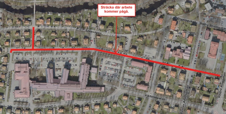 Karta över sträckan där vägarbeten kommer att pågå
