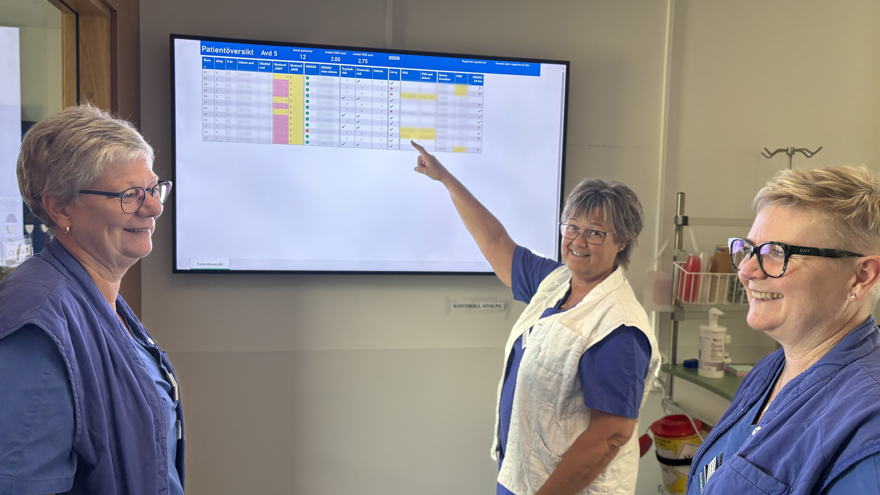 tre vårdpersonal framför en patientöversiktstavla. En av dem pekar på tavlan.