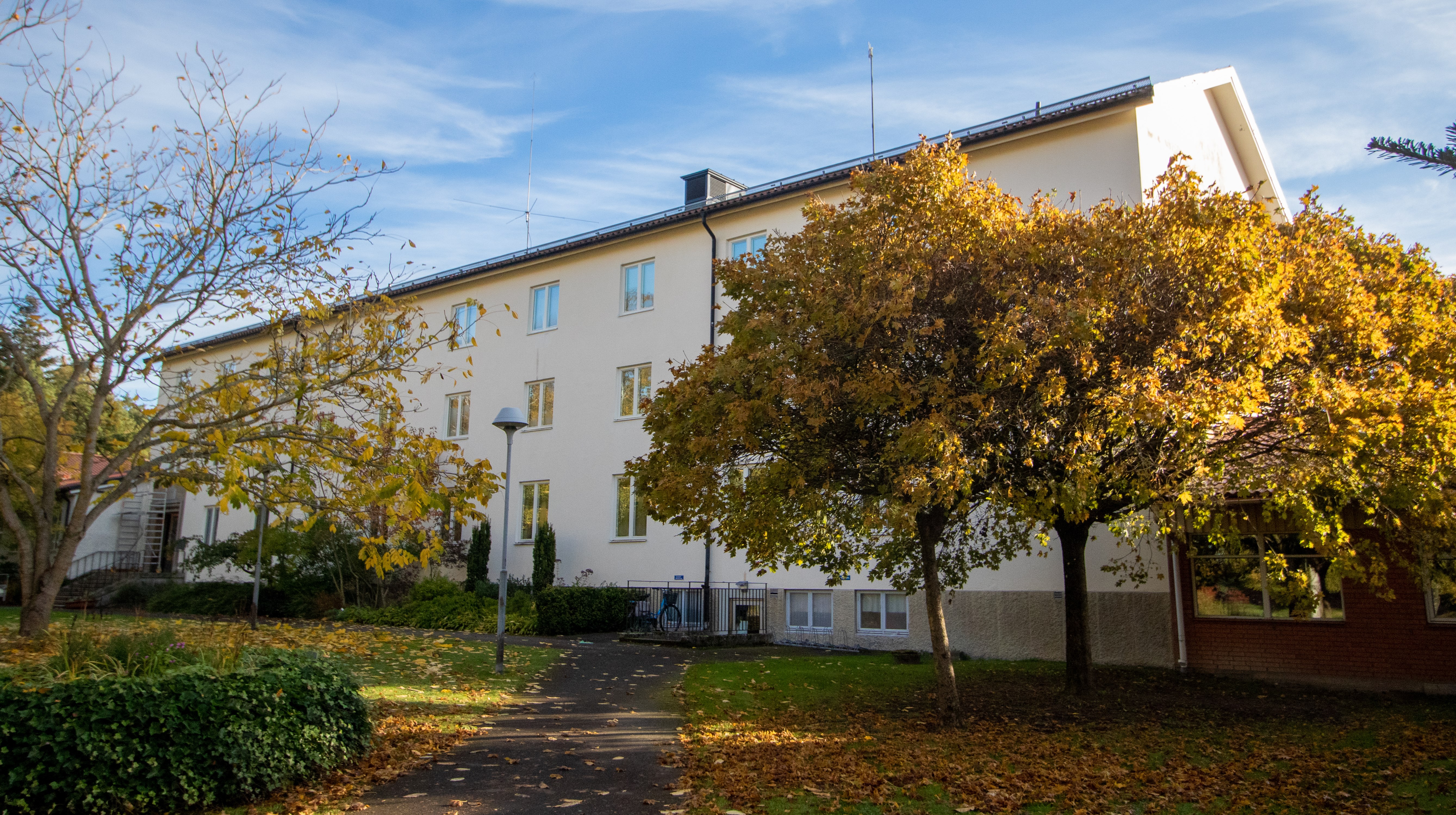Skolbyggnad med internat omgiven av träd med höstlöv