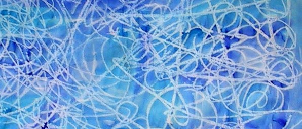 En blå bakgrund med vita streck i olika former