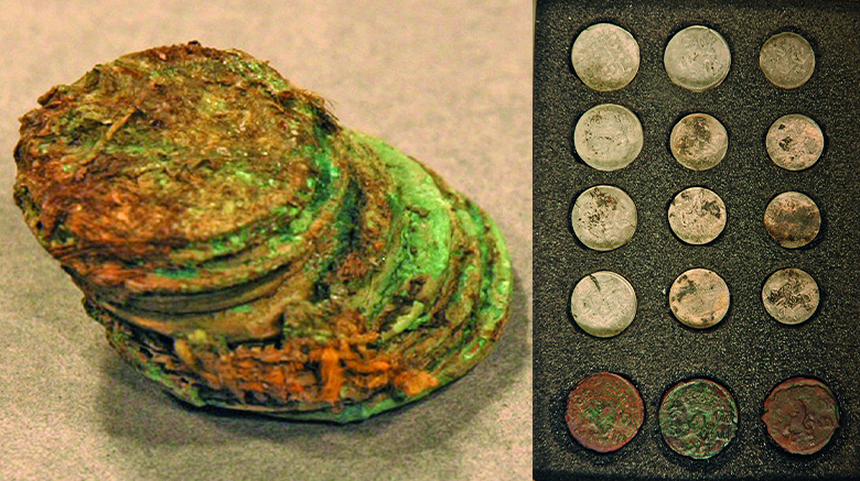 Två bilder. Till vänster en trave mynt som sitter ihop i en klump. Till höger ses mynten efter konservering, packade i något svart material ett och ett.