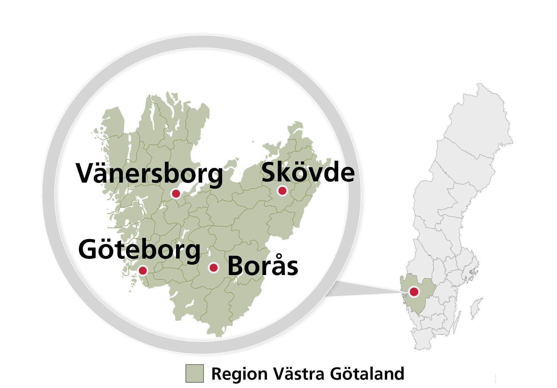 Map of sweden with detail over Region Västra Götaland