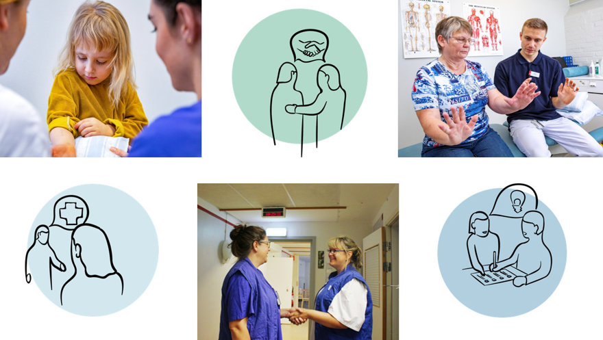 Ett kollage med fotografier och illustrationer av möten i vården