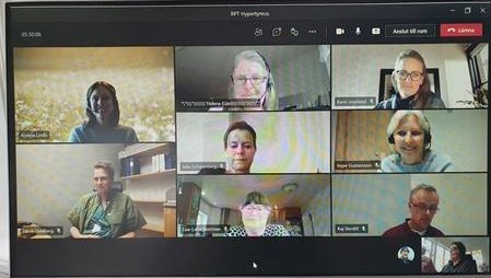 En bild av en datorskärm som visar ett tiotal personer på digitalt möte