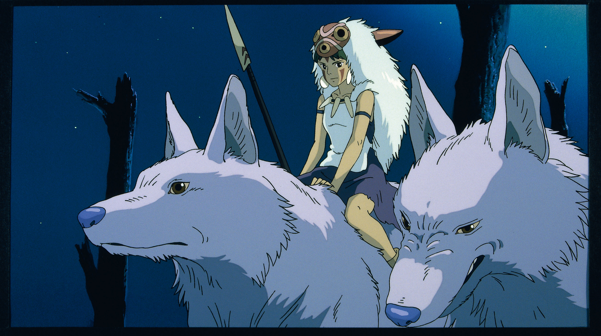 Den tecknade prinsesssan Mononoke ridandes på en isbjörn och med ett spjut i handen.