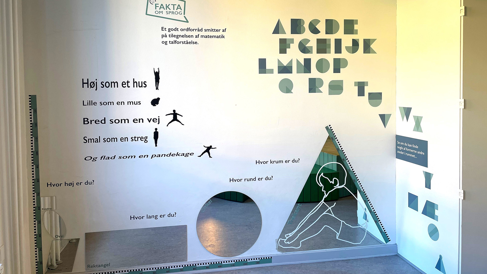 På en vägg står bland annat "hög som ett hus, bred som en väg och liten som en mus". Längst ner finns flera hål i väggen i olika former, ovanför det runda hålet står det: "hur rund är du?".