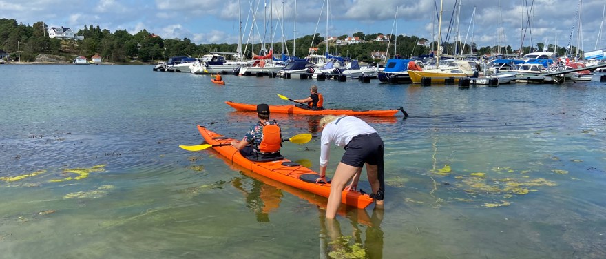 Två personer sitter i varsin orange kajak i havet. En tredje person står och håller i en av kajakerna.