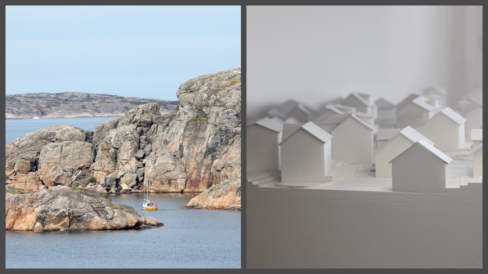 Ett bildcollage med två bilder. Den ena föreställer klippor, hav och en båt. Den andra föreställer små vita hus, i en stadsplaneringsmodell.