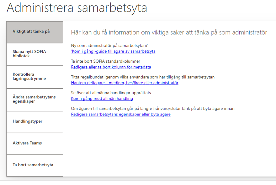 Administrera samarbetsyta