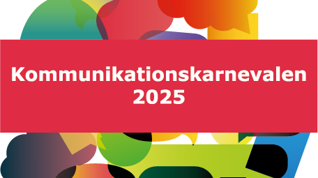 En bakgrund med färgglada pratbubblor. Framför dem en röd banner med vit text där det står Kommunikationskarnevalen 2025