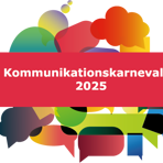 En bakgrund med färgglada pratbubblor och en röd banner med vit text där det står Kommunikationskarnevalen 2025