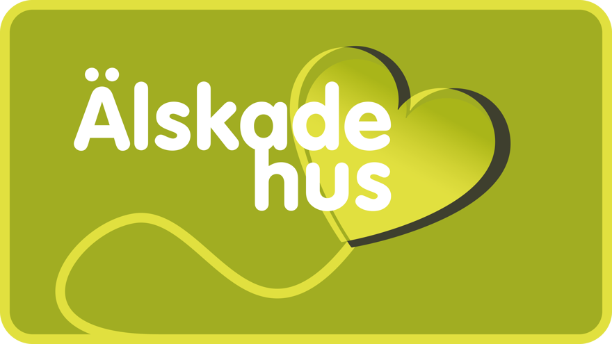 Grön färgplatta, i mitten en grafisk symbol, ett hjärta med svart skugga. En linje går från hjärtat och virvlar nedåt. Mitt på står det i vita bokstäver: Älskade hus