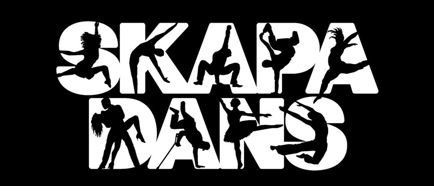 Skapa dans logotyp. I varje bokstav finns en siluett av en dansande kropp.