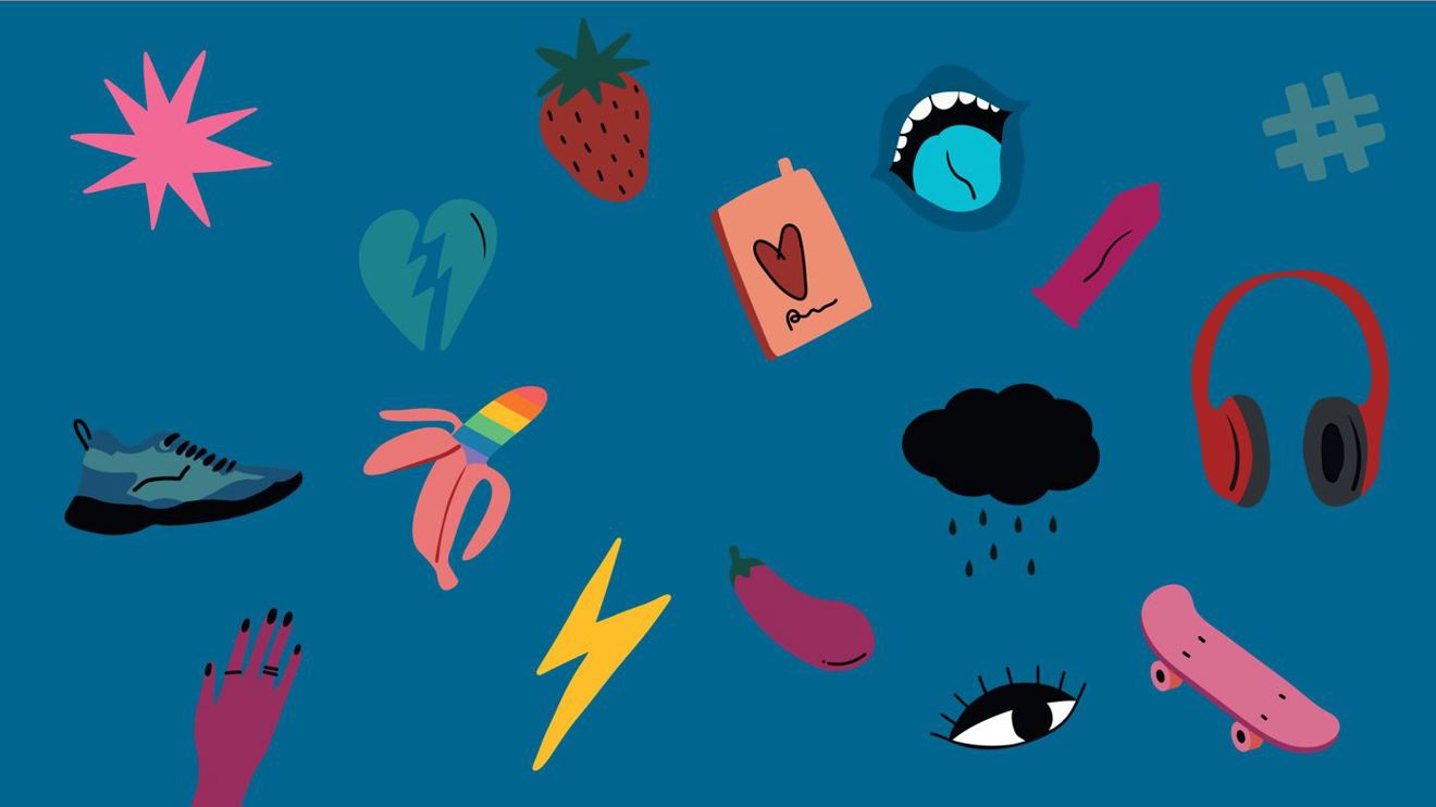 Tecknade färgglada symboler på blå bakgrund