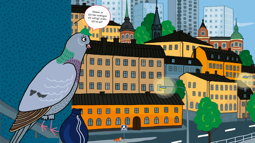 En tecknad duva tittar ut över höghus och gator