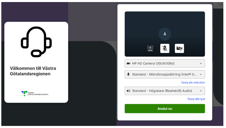 Pop-up-ruta för att välja kamera, mikrofon och högtalare