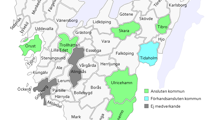 Karta över kommunerna i Västra Götaland.