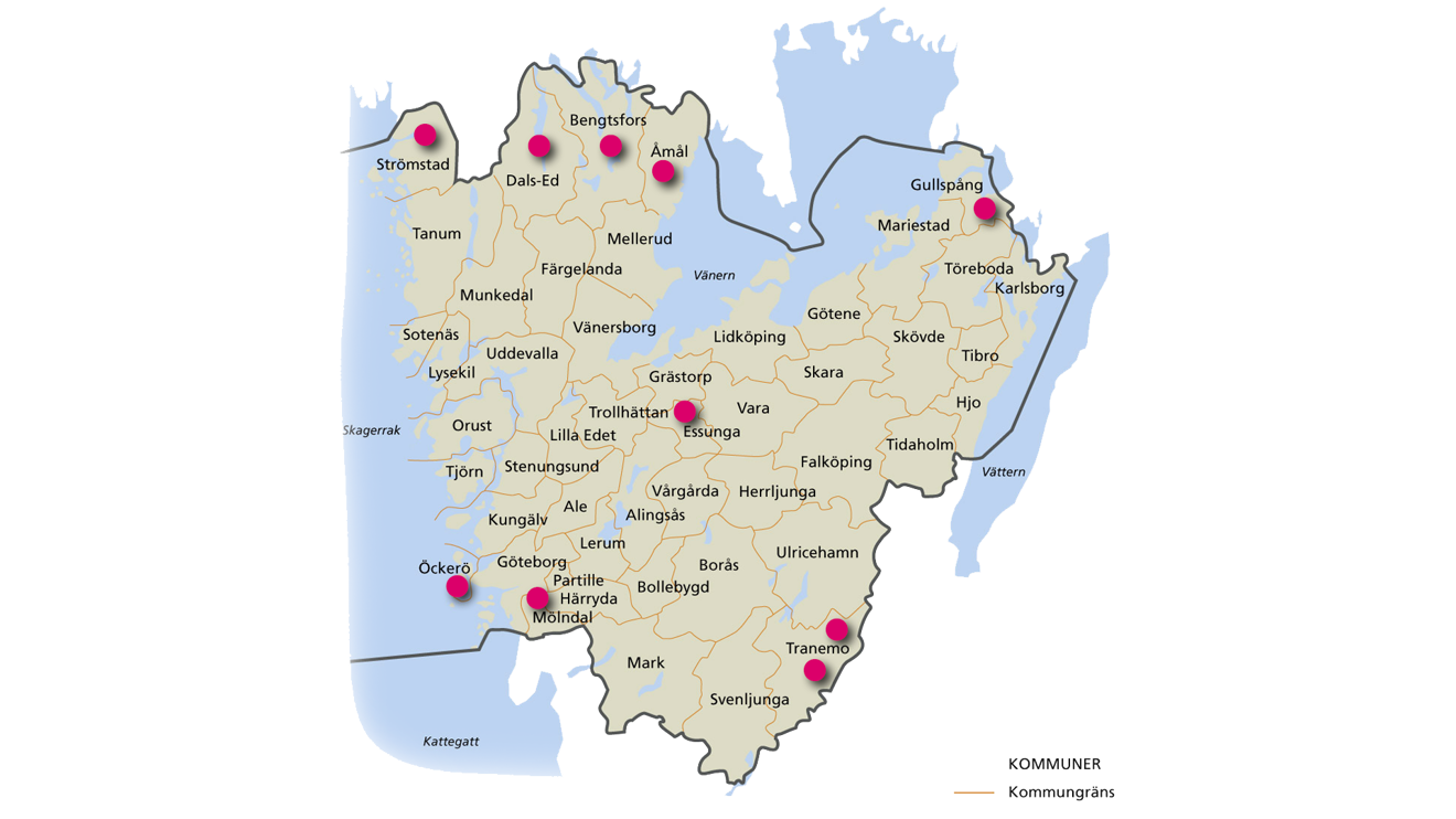Kartbild över Västra Götaland. Rosa prickar markerar kommunerna Strömstad, Dals-Ed, Bengtsfors, Åmål, Gullspång, Essunga, Öckerö, Mölndal och Tranemo.