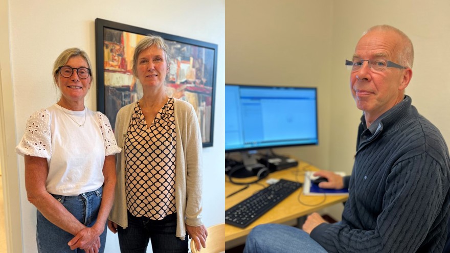 Bildkollage. Till vänster två kvinnor som står upp framför en tavla, till höger en man som sitter vid ett bord med en stor datorskärm.