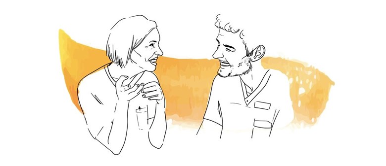 Illustration av två medarbetare i hälso- och sjukvården som har en konversation