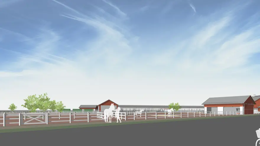 Illustration med röda byggnader, staket och hästar