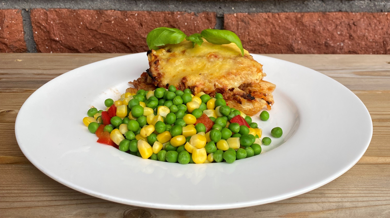 En gratäng med basilikablad på toppen och ärter, majs och paprika