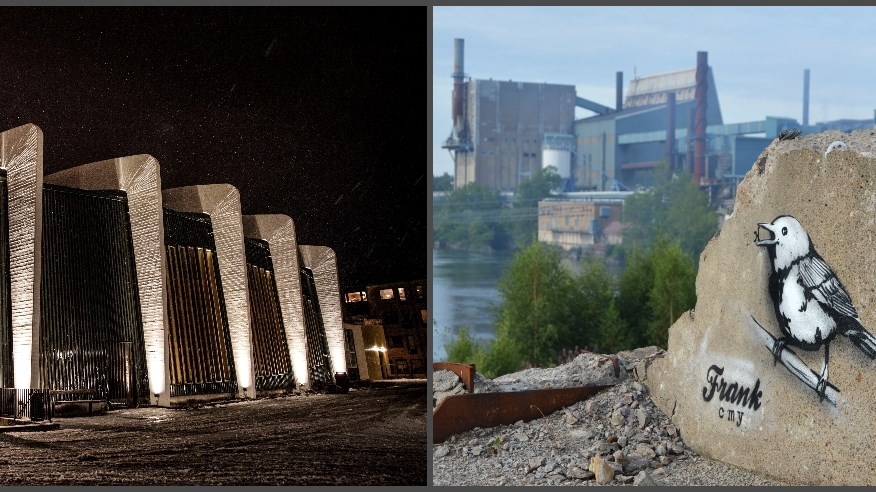 Två motiv alla som rör sig i Vänersborg känner igen: Till vänster ”Brödrosten” Huvudnäsaulan, en arktiektritad skolaula, som finns centralt i Vänersborg, mitt i Kulturaxeln. (Foto: Jerry Lövberg). Till höger en bild från omgivningarna kring pappersbruket i Vargön där gammalt möter nytt. (Foto: Mattias Fredén). 