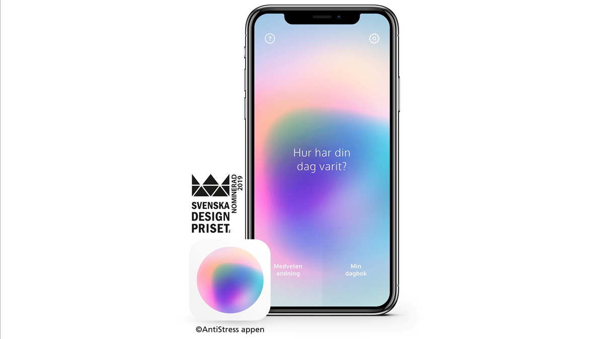 Illustration AntiStressAppen som visar en iPhone och texten Svenska designpriset nominerad 2019
