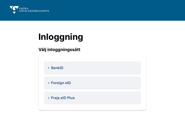 Bilden visar hur kommande sida för inloggning i vård och hälsa kommer att se ut, den har Västra Götalandsregionens logotyp. 
