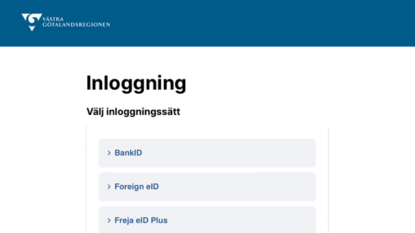 Bilden visar hur kommande sida för inloggning i vård och hälsa kommer att se ut, den har Västra Götalandsregionens logotyp.