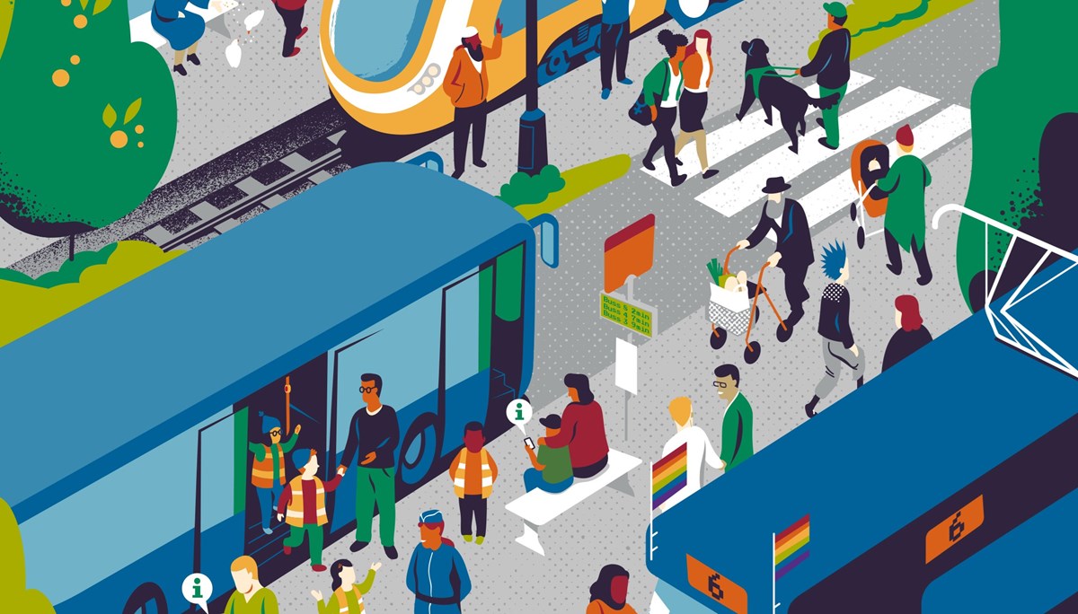 Illustration av människor, bussar och tåg i stadsmiljö.