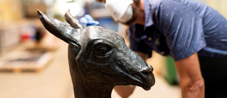 I bildens förgrund syns huvudet på en lamaskulptur i metall. Bakom laman står en person med munskydd och ljusblå latexhandskar som penslar något på lamans huvud.