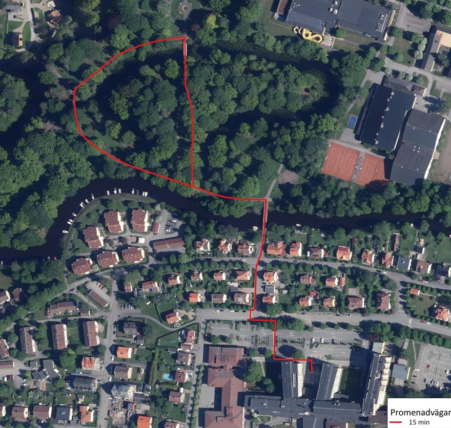 Karta över 15 minuter lång promenadslinga